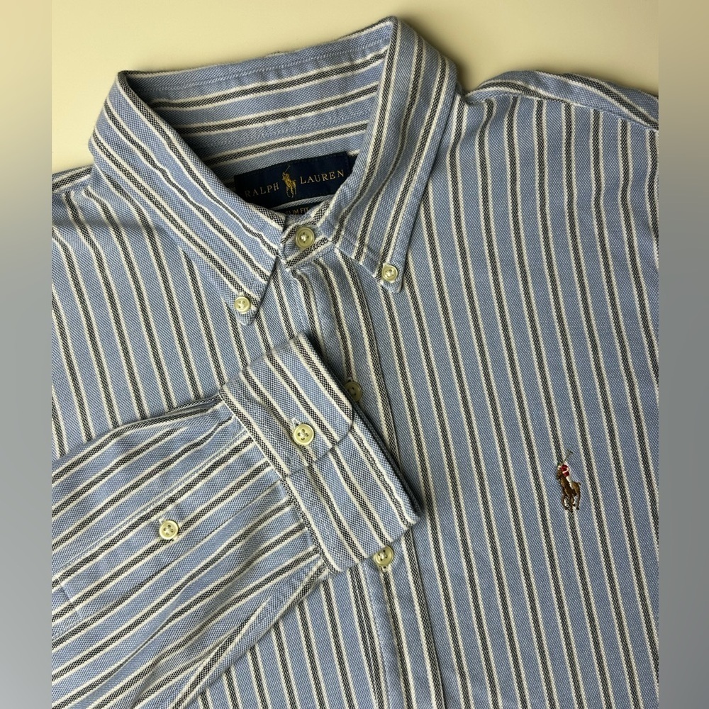 Ralph Lauren Oxford Knit Button Down Dress Shirt Mens XL Blue Embroidered Pony